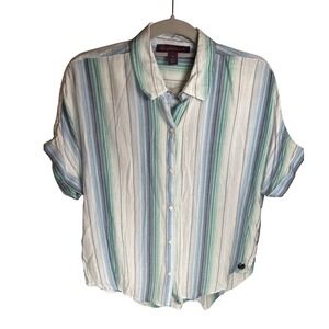 Gloria Vanderbilt Striped Button Down Shirt Women Size M Blue Green White
